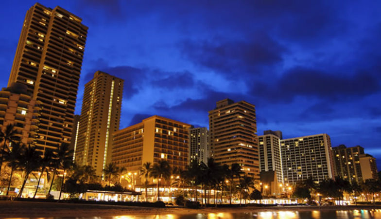 Aston at the Waikiki Banyan at night 