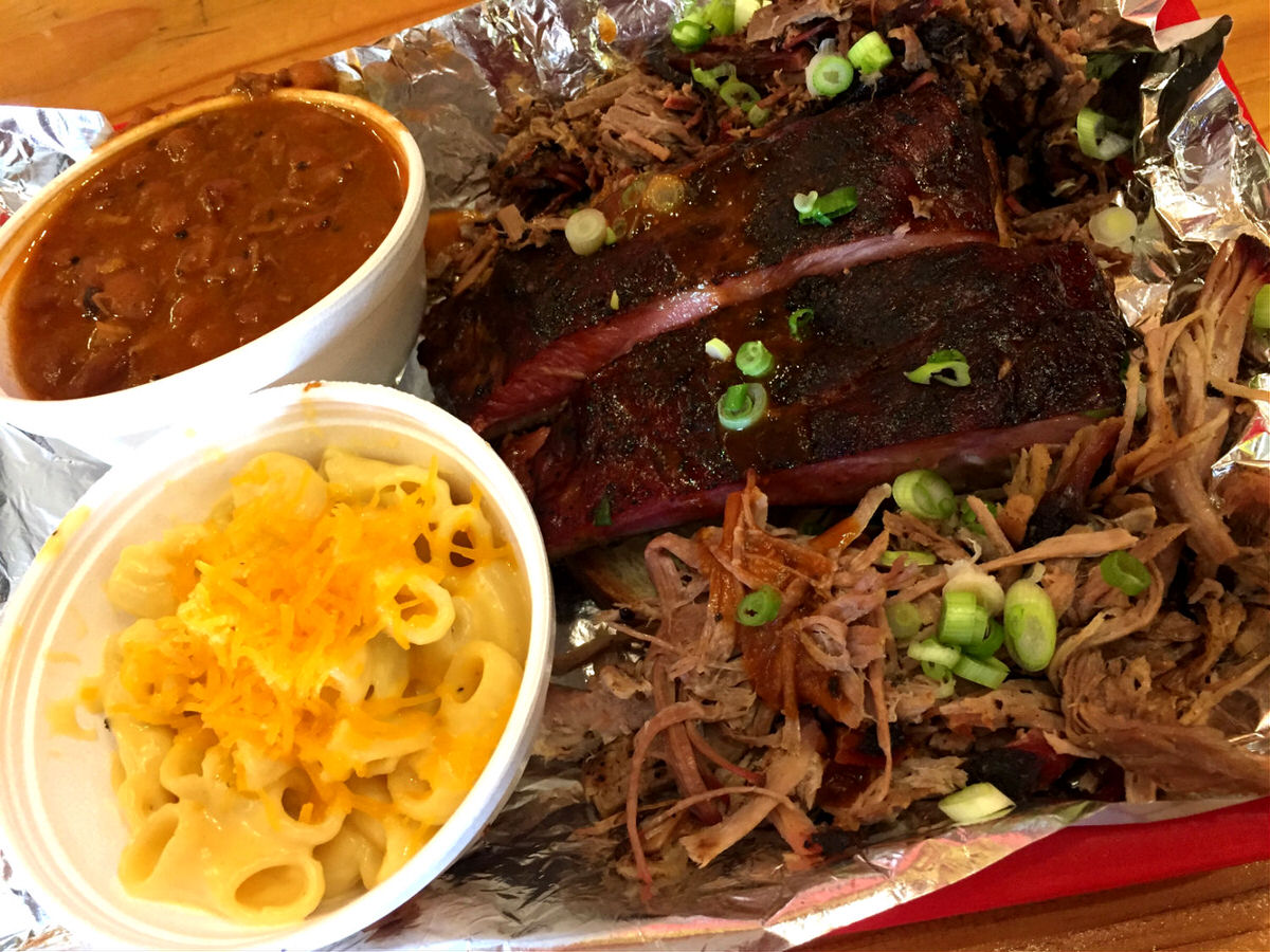 Ribs, brisket, pulled pork, beans, and mac and cheese at Rollin Smoke Barbeque