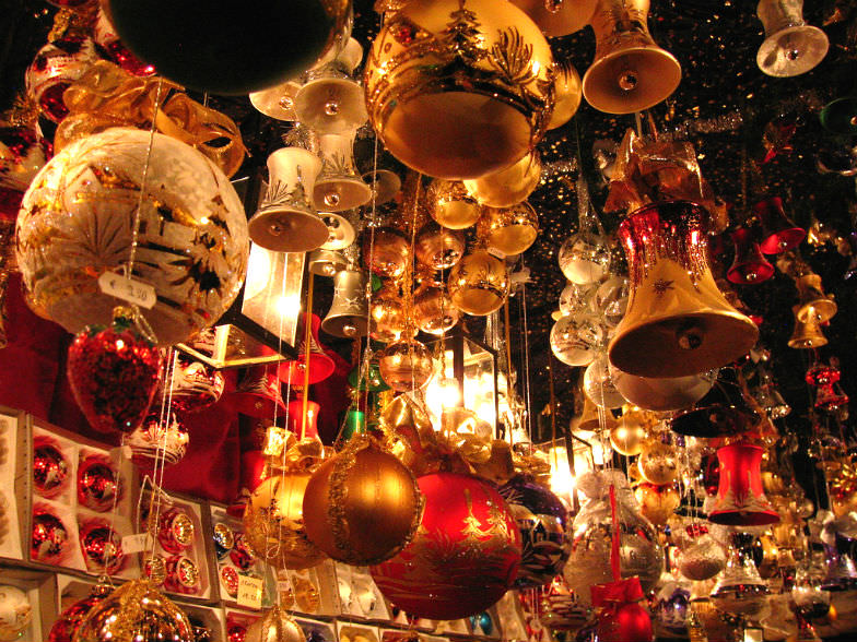 Christmas ornaments at a Christmas market in Nuremberg. Germany