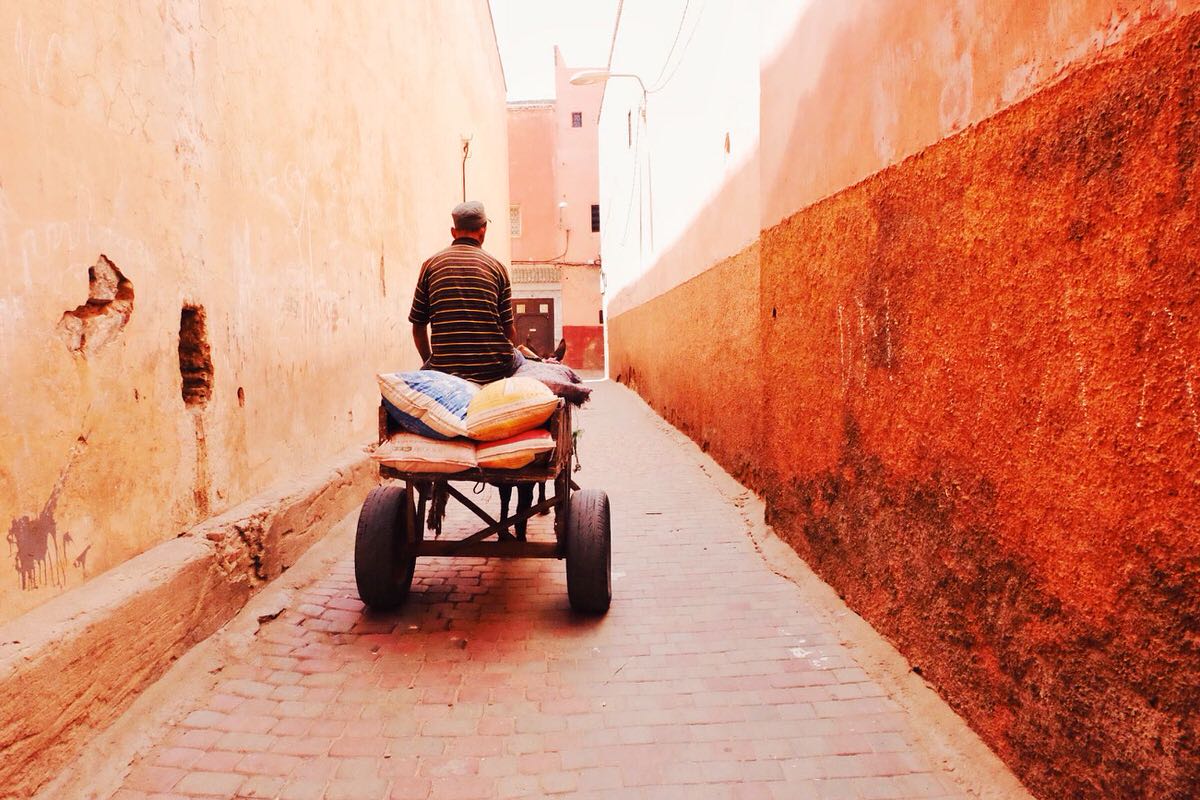 A vibrant street in Marrakesh's Old Medina.