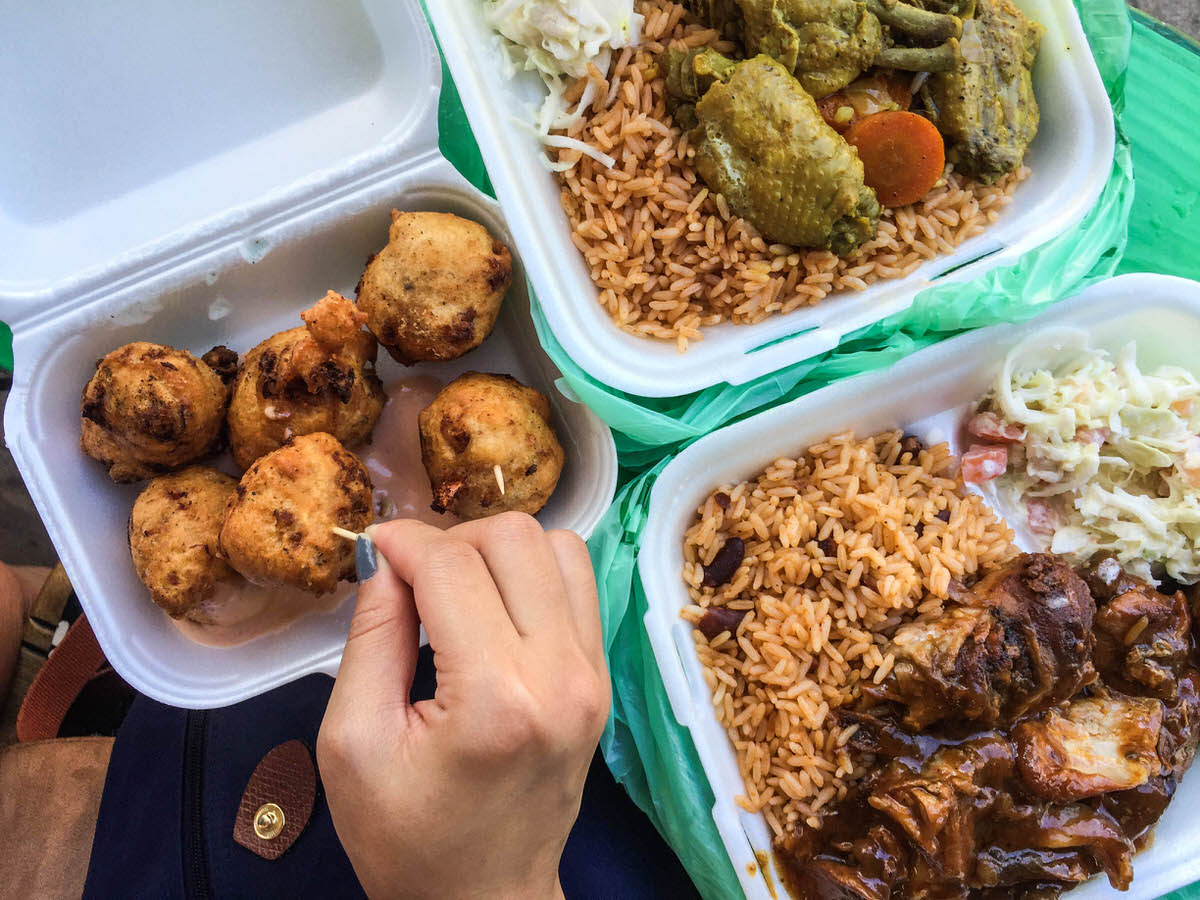 Conch fritters, jerk chicken and Bahamian rice