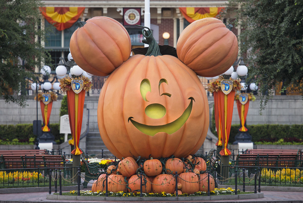 Mickey-shaped pumpkin on Main Street USA at Disneyland